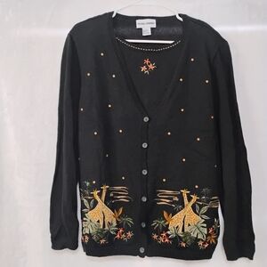 Alfred Dunner Faux Cardigan Sweater Giraffe Embroidered Safari Sz Large NWT E